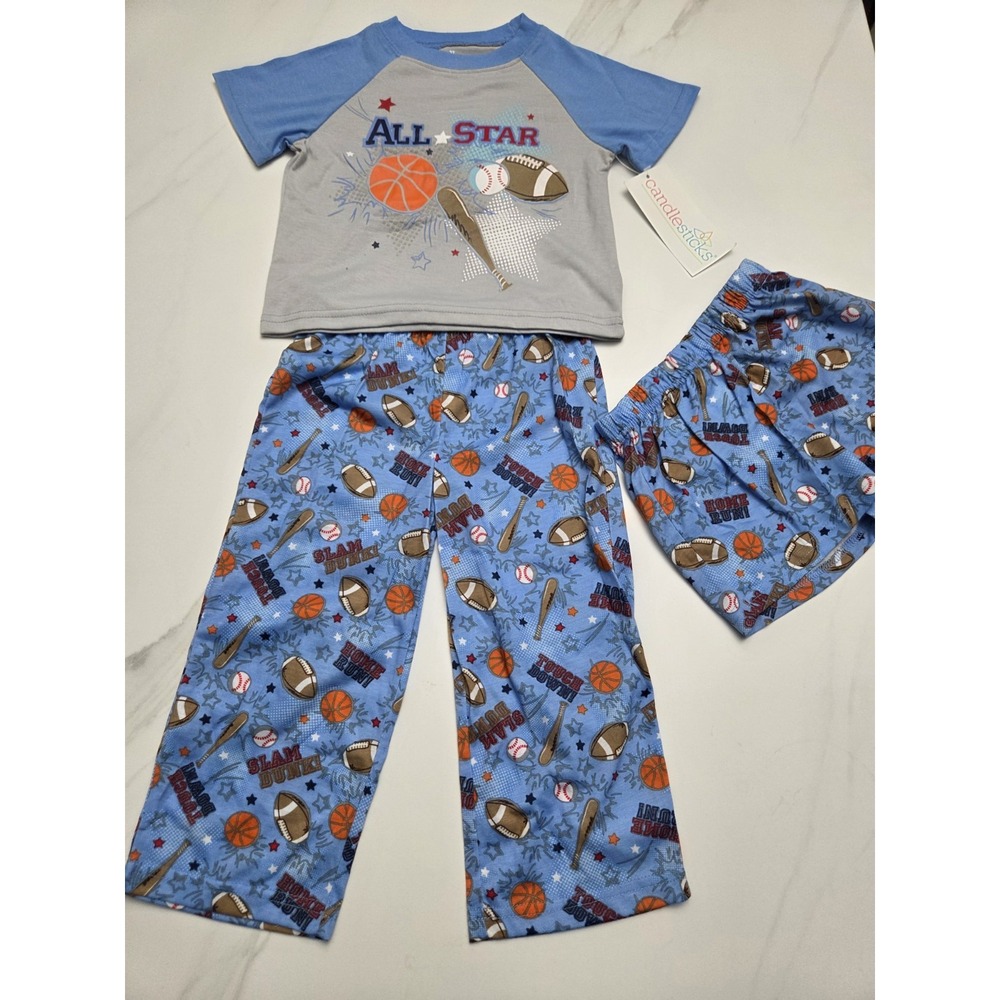 Boys 3T Pajama Set 3pc Shirt Pants Shorts All Star Sports Blue Elastic Waist